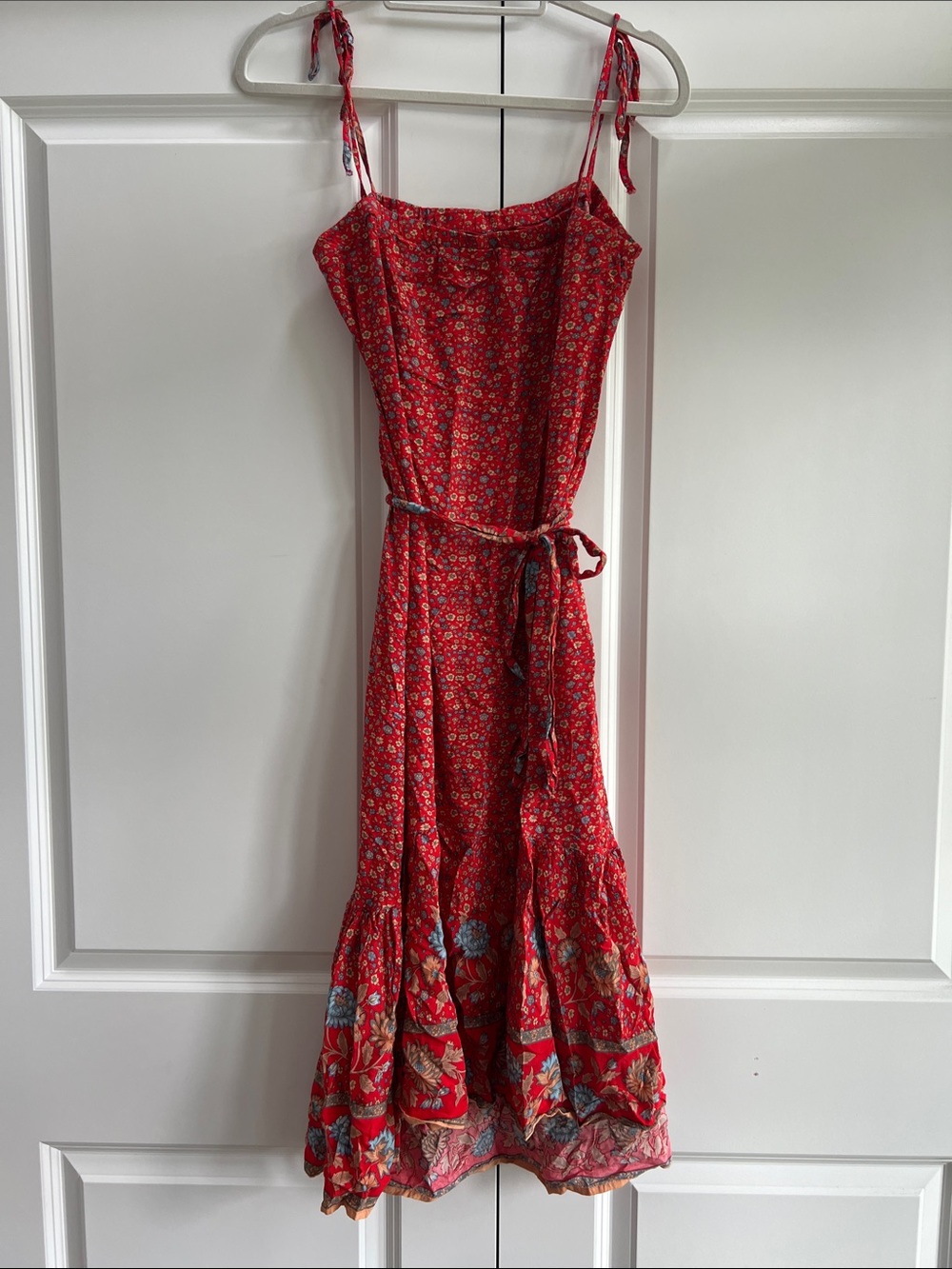 Red Floral Tie-Shoulder Midi Dress